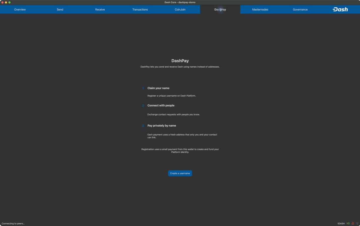 DashPay welcome screen in Dash Core with username, contacts, and private payment benefits