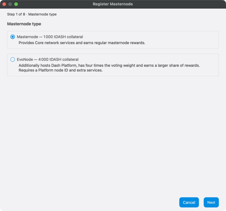 Dash Core Register Masternode dialog showing the regular masternode and EvoNode choices