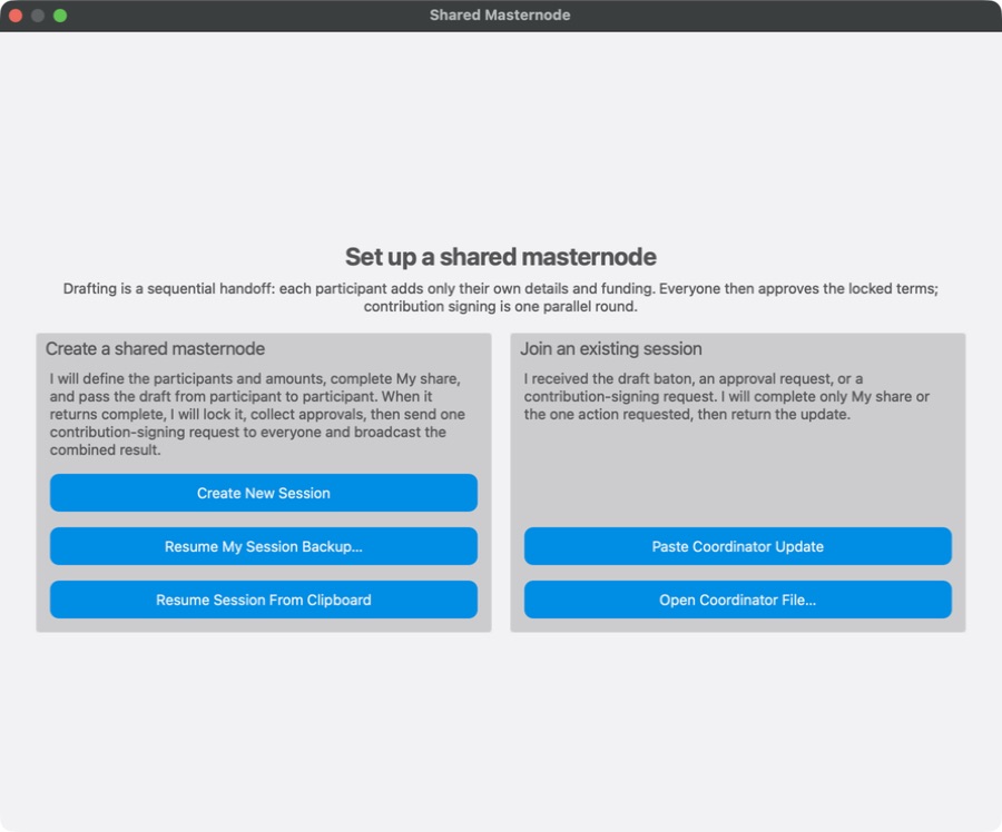 Dash Core dialog for creating or joining a shared masternode setup